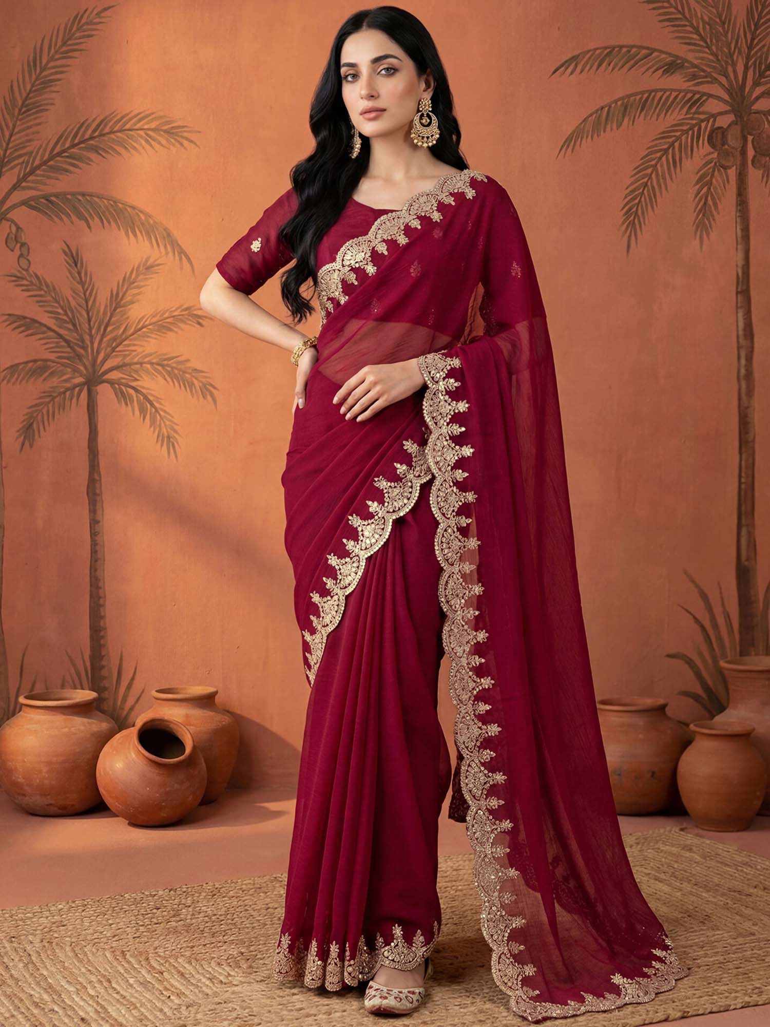 Red Sequined Embroidered Border Chiffon Saree with Unstitched Blouse