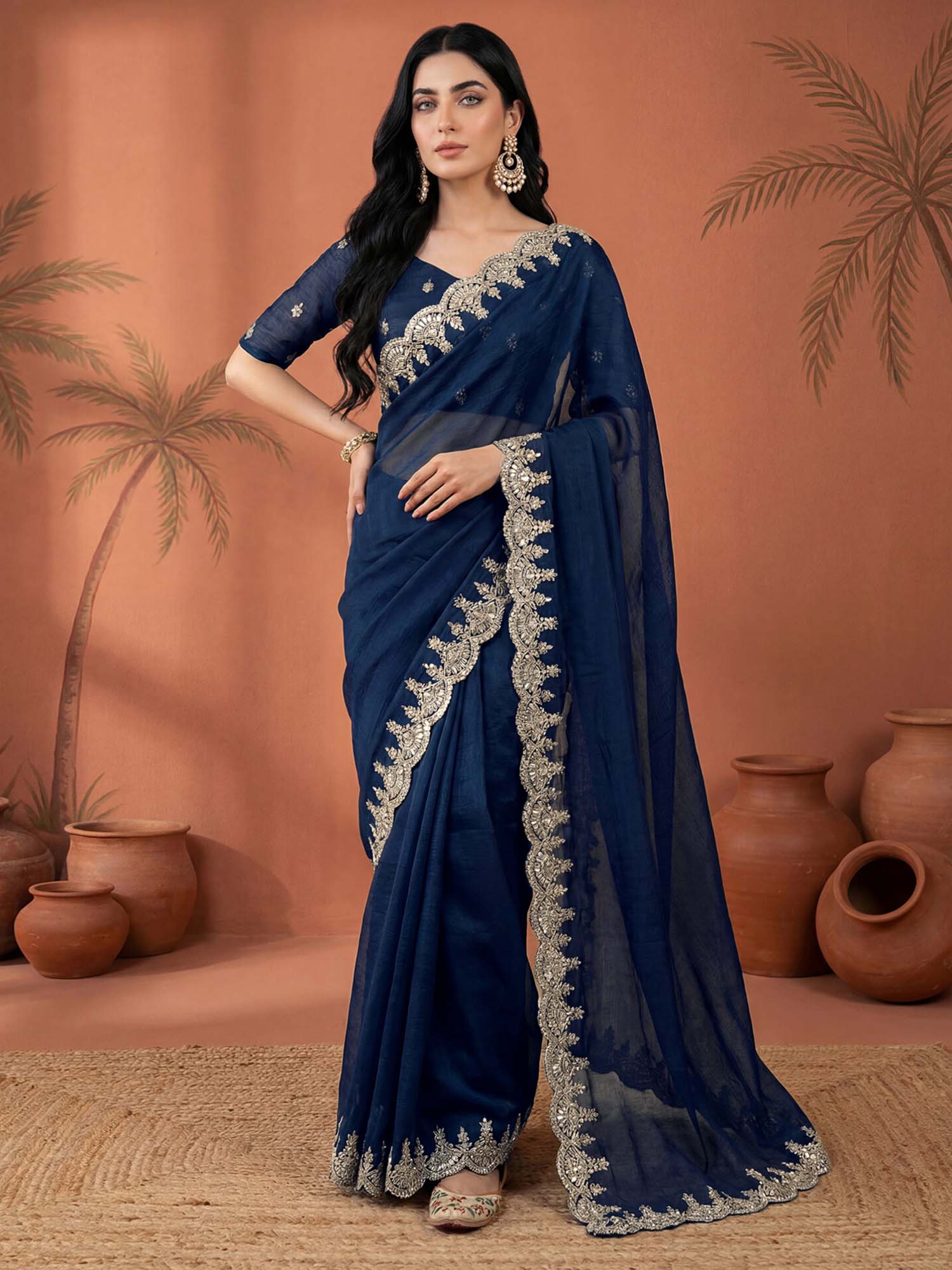 Navy Blue Sequined Embroidered Border Chiffon Saree with Unstitched Blouse