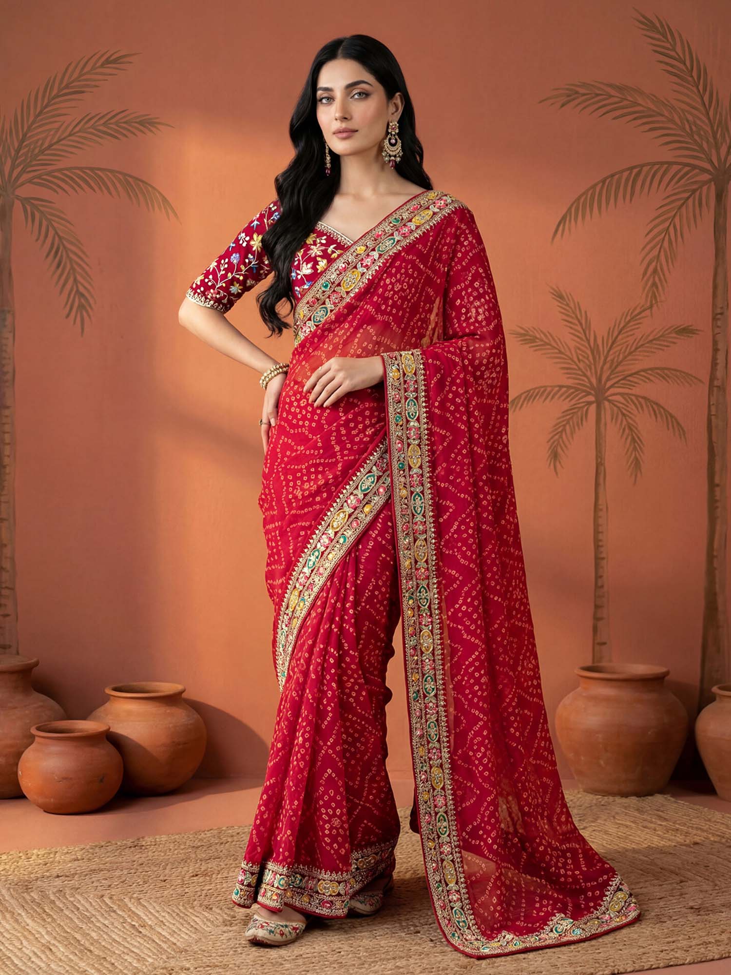 Red Bandhani Printed Georgette Saree with Unstitched Blouse