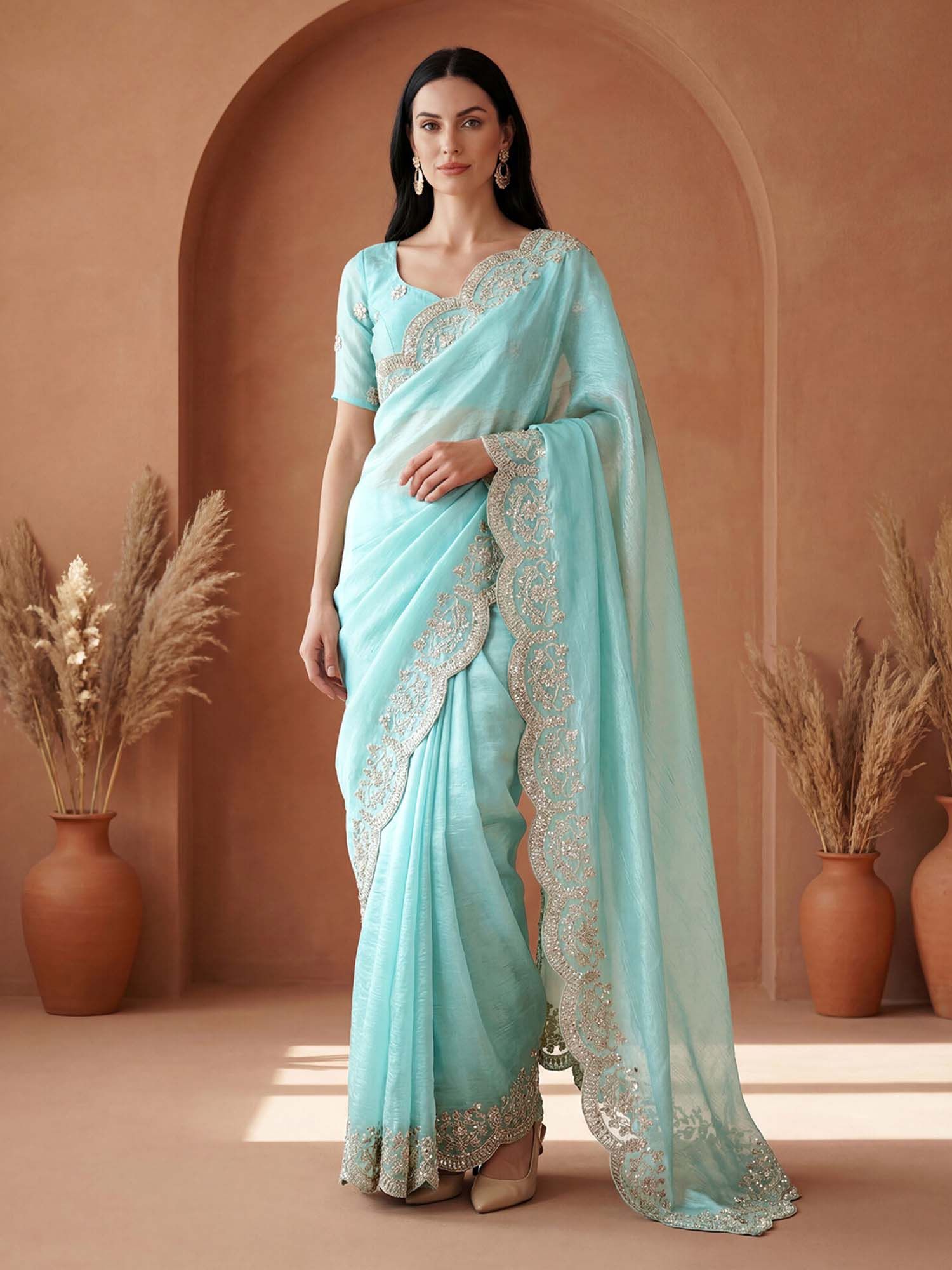 Sky Blue Sequined Embroidered Border Tissue Silk Saree with Unstitched Blouse