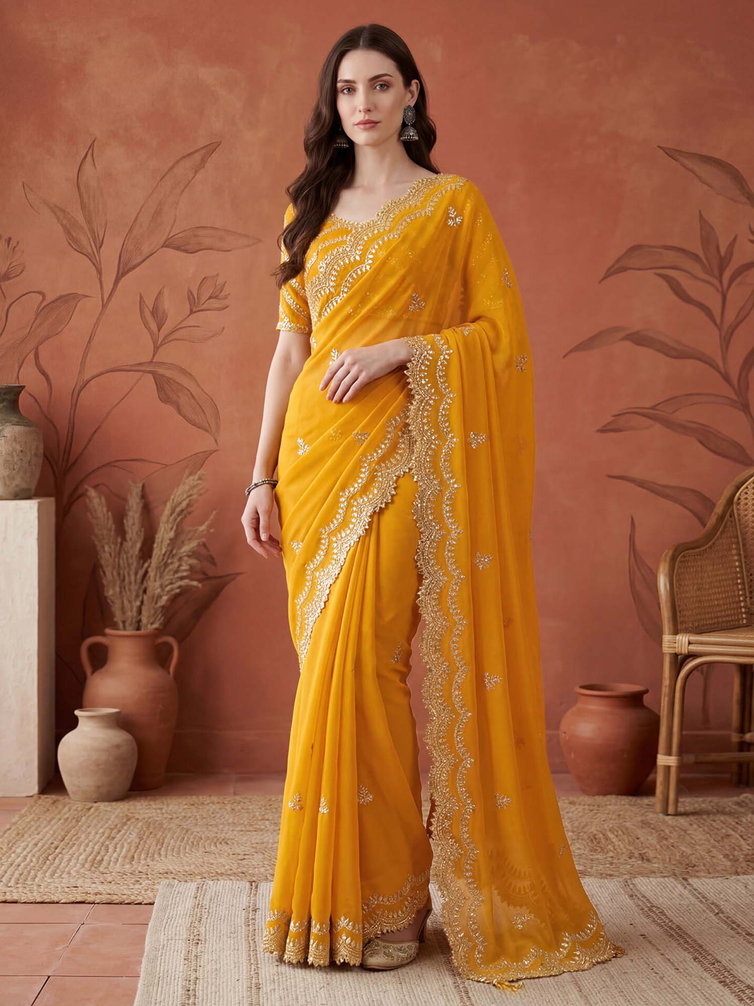 Yellow Sequined Embroidered Scalloped Border Tissue Saree with Unstitched Blouse