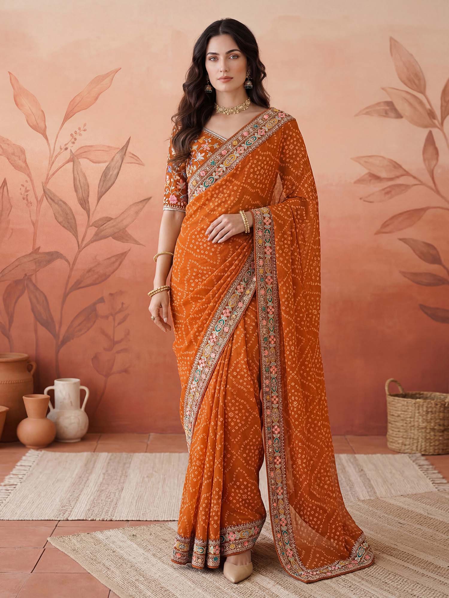 Orange Bandhani Printed Georgette Saree with Unstitched Blouse