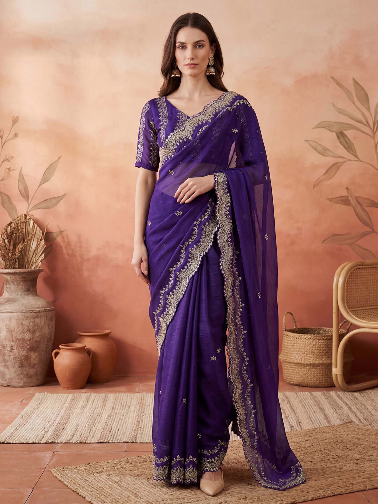 Purple Sequined Embroidered Scalloped Border Chiffon Saree with Unstitched Blouse