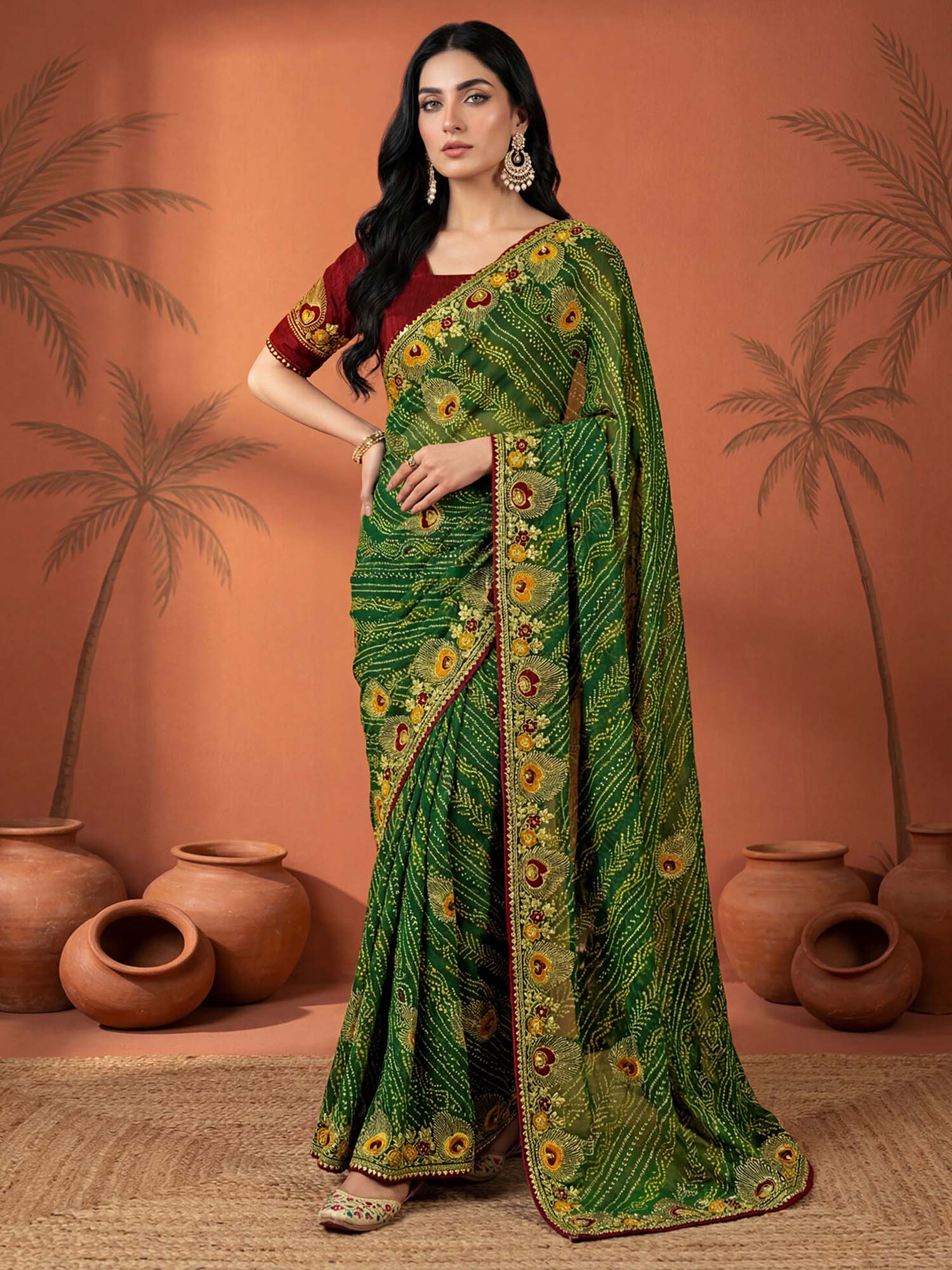 Green Bandhani Printed Georgette Saree with Unstitched Blouse